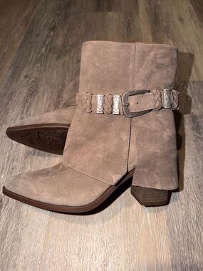 Crown Vintage Taupe Suede Buckle Block Heel Ankle Boots